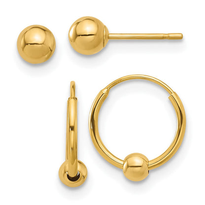 14K Gelbgold Poliert Kugel und Creole Ohrring Set
