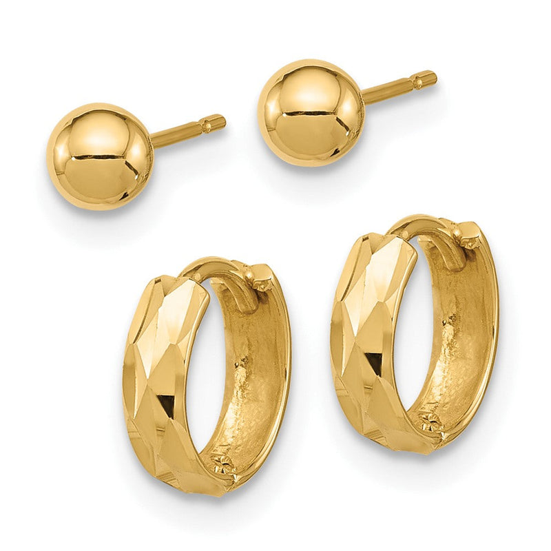 14K Gelbgold Poliert 4mm Kugel und Diamantiert Creole Set