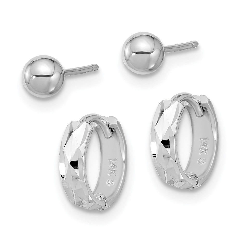 14K Weißgold Poliert 4mm Kugel und Diamantiert Klappbar Creole Ohrring Set