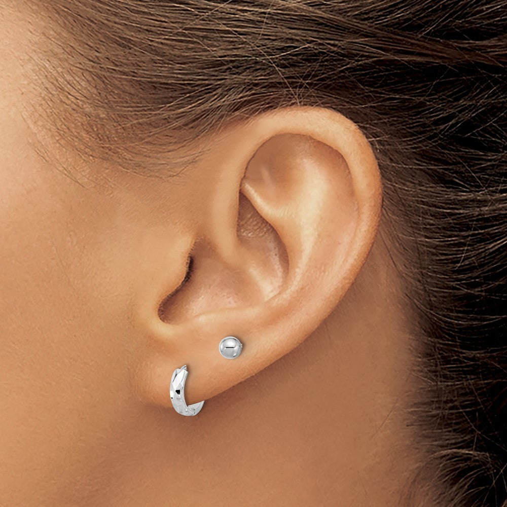 14K Weißgold Poliert 4mm Kugel und Diamantiert Klappbar Creole Ohrring Set