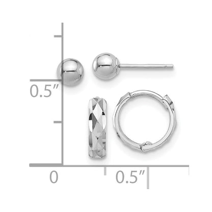 14K Weißgold Poliert 4mm Kugel und Diamantiert Klappbar Creole Ohrring Set