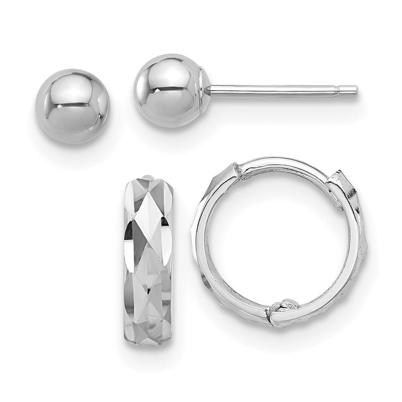 14K Weißgold Poliert 4mm Kugel und Diamantiert Klappbar Creole Ohrring Set