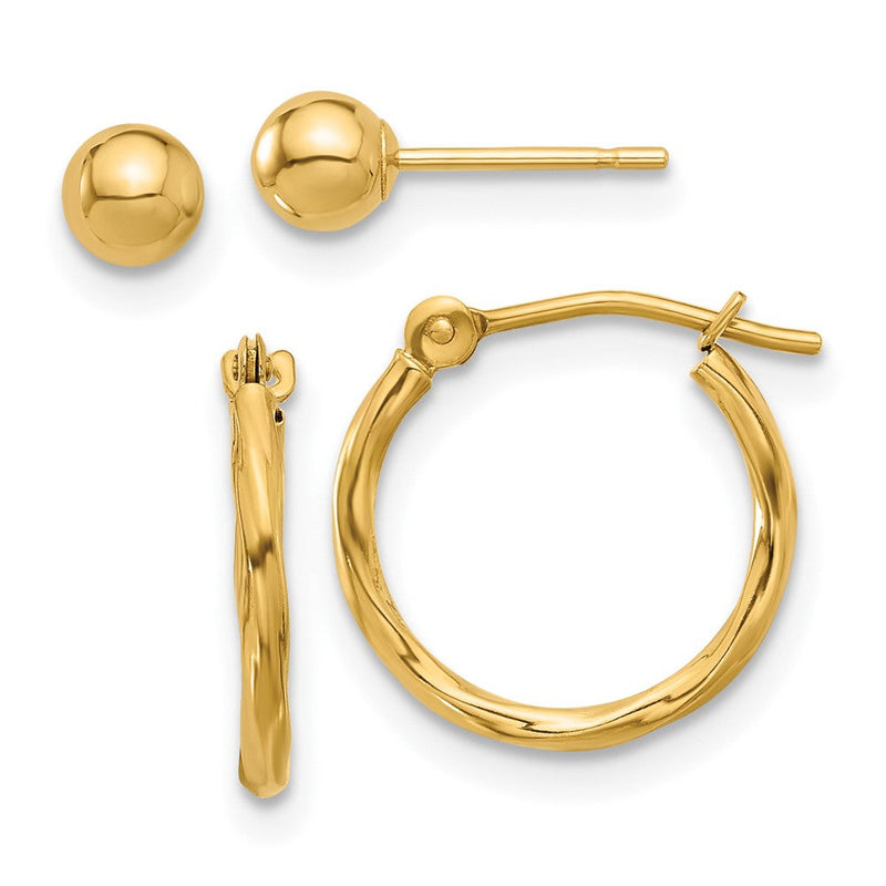 14K Gelbgold Poliert 4mm Kugel und Gedreht Creole Ohrring Set