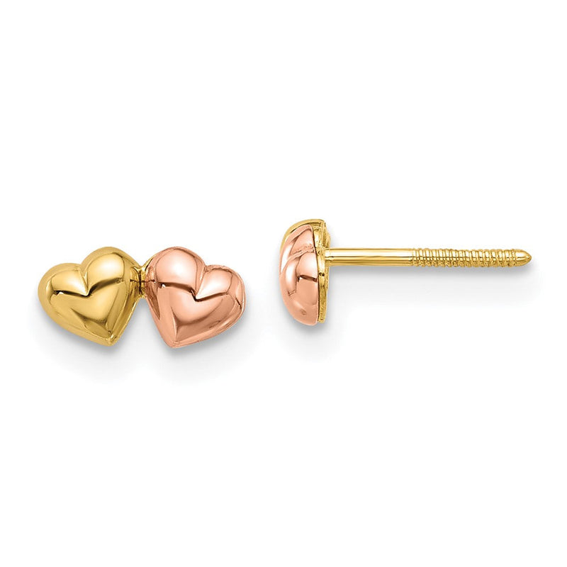 14K Bicolor Doppelt Herzen Schraubverschluss Ohrstecker