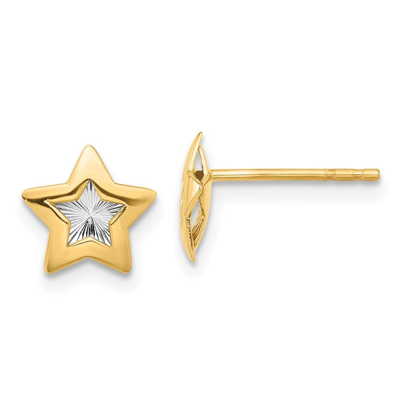14K Gelb & Rhodium mit Rhodium Poliert und Strukturiert Stern Ohrstecker