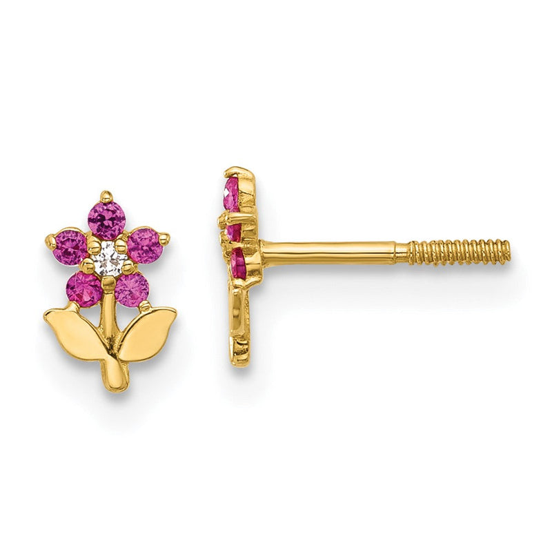 14K Gelbgold Poliert Dunkel Rosa & Weiß Zirkonia Blume Schraubverschluss Ohrstecker