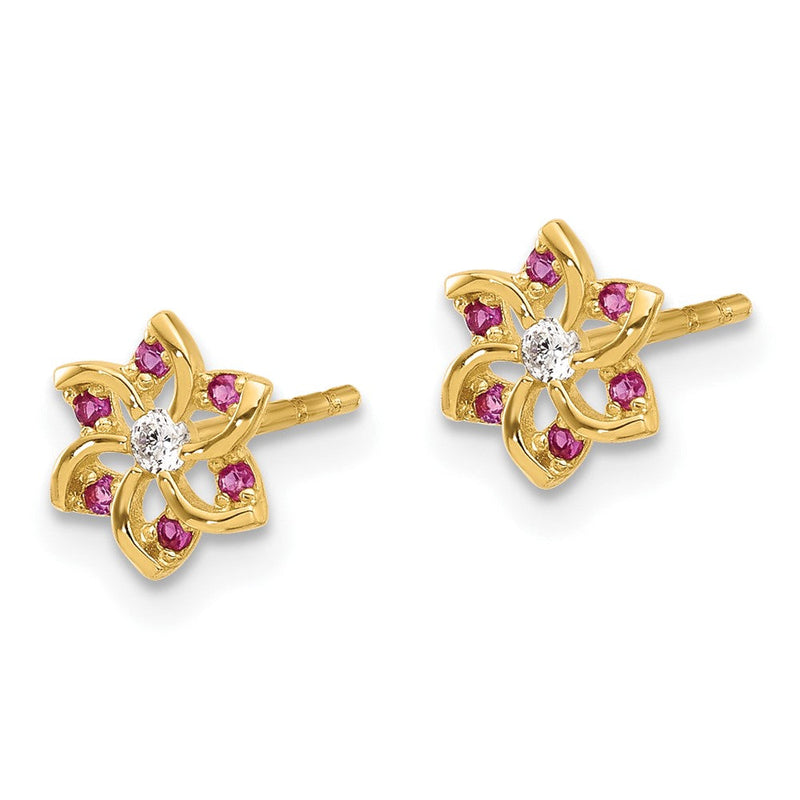 14K Gelbgold Poliert Rot und Weiß Zirkonia Blume Ohrstecker