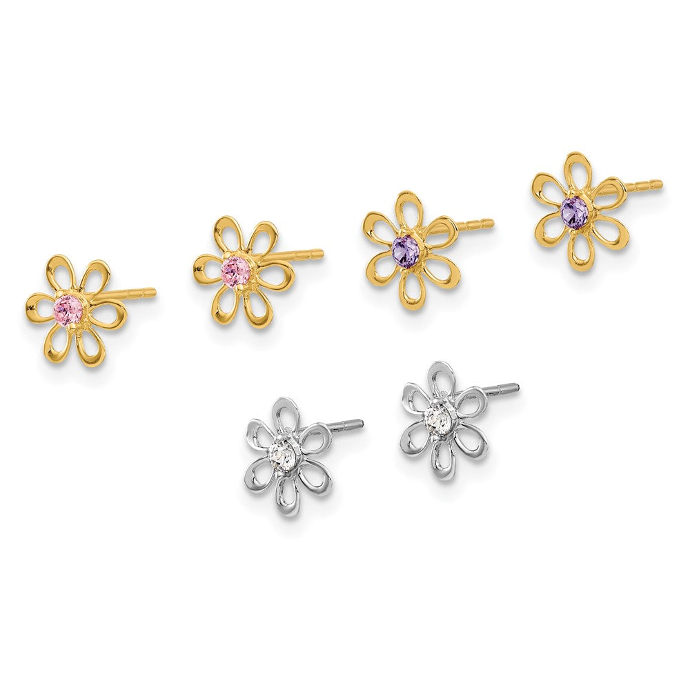 14K Bicolor Gelb und Weißgold Mehrfarbig Zirkonia Blume Stecker Ohrring Set