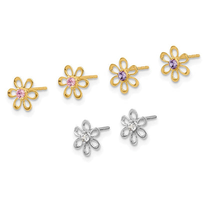 14K Bicolor Gelb und Weißgold Mehrfarbig Zirkonia Blume Stecker Ohrring Set