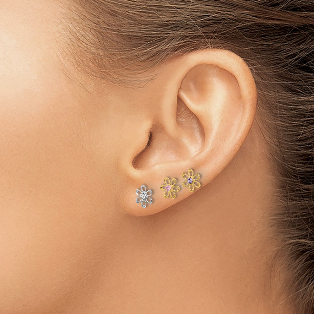 14K Bicolor Gelb und Weißgold Mehrfarbig Zirkonia Blume Stecker Ohrring Set