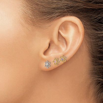 14K Bicolor Gelb und Weißgold Mehrfarbig Zirkonia Blume Stecker Ohrring Set