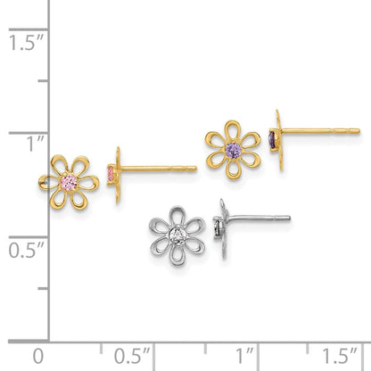 14K Bicolor Gelb und Weißgold Mehrfarbig Zirkonia Blume Stecker Ohrring Set