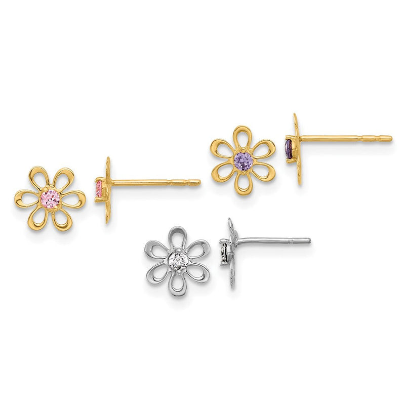14K Bicolor Gelb und Weißgold Mehrfarbig Zirkonia Blume Stecker Ohrring Set