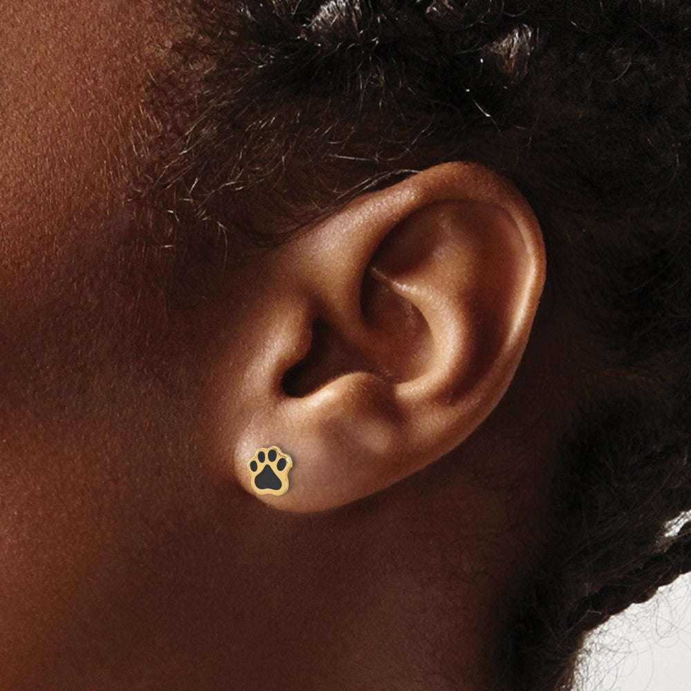 14K Gelbgold Poliert Paw mit Schwarz Emaille Ohrstecker