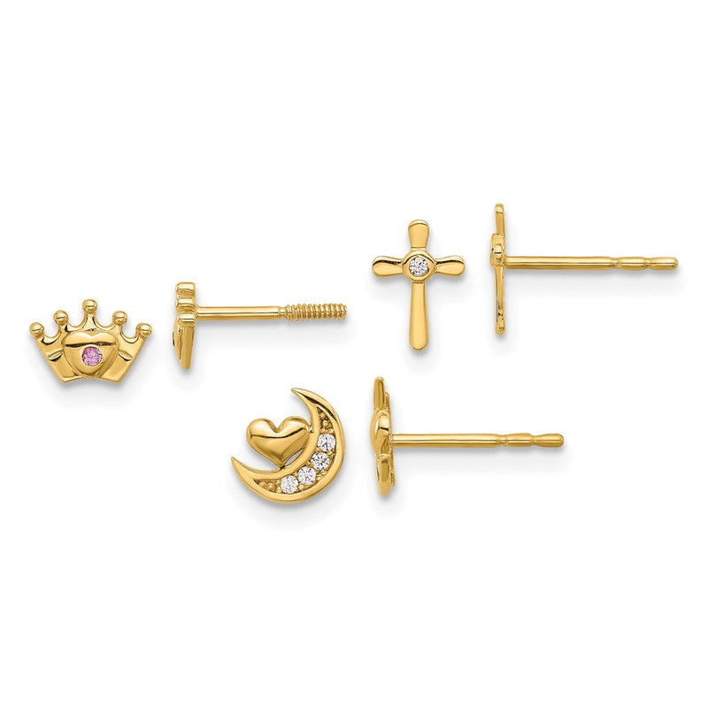 14K Gelbgold Poliert Zirkonia Mond Kreuz und Krone Stecker Ohrring Set