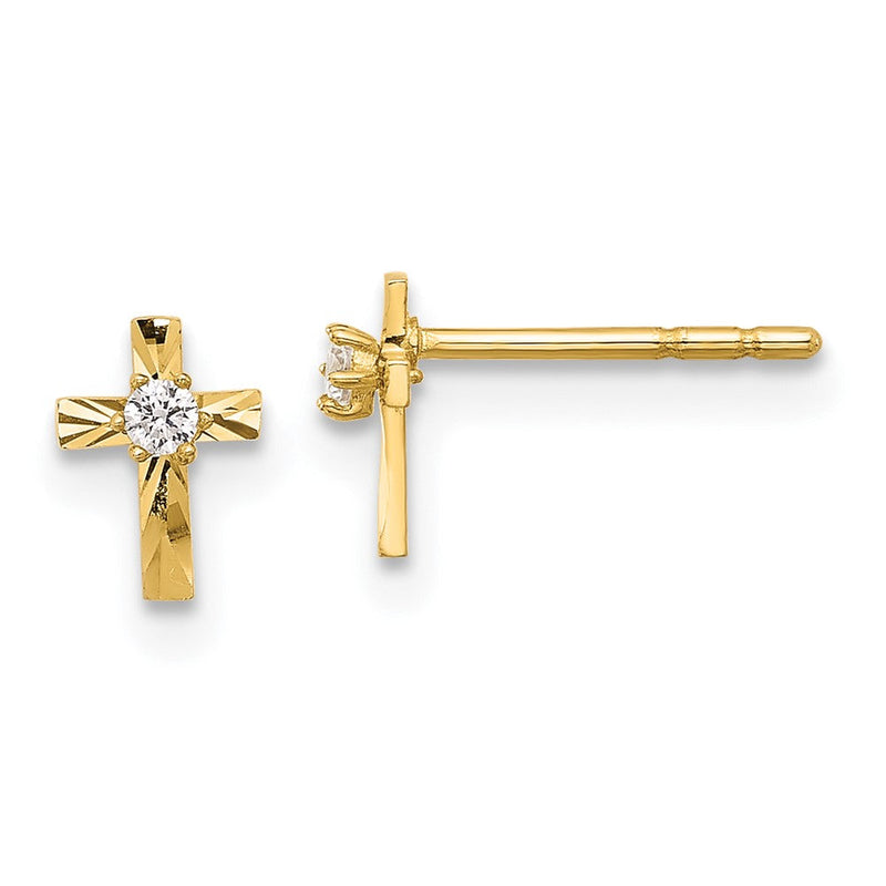 14K Gelbgold Poliert und Diamantiert Zirkonia Kreuz Ohrstecker