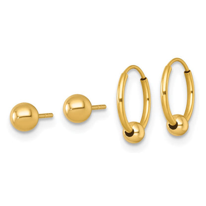 14K Gelbgold Poliert Set Of Zwei Stecker und Creole mit Perle Ohrringe
