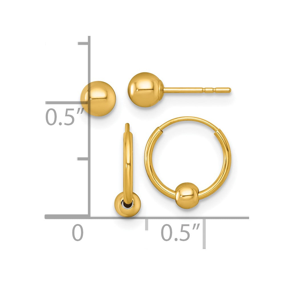 14K Gelbgold Poliert Set Of Zwei Stecker und Creole mit Perle Ohrringe
