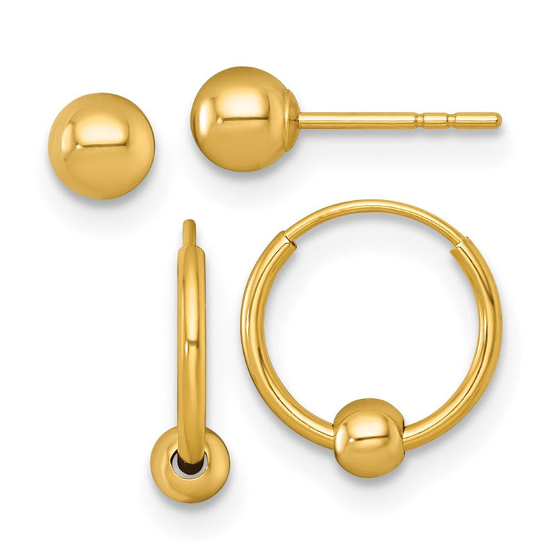 14K Gelbgold Poliert Set Of Zwei Stecker und Creole mit Perle Ohrringe
