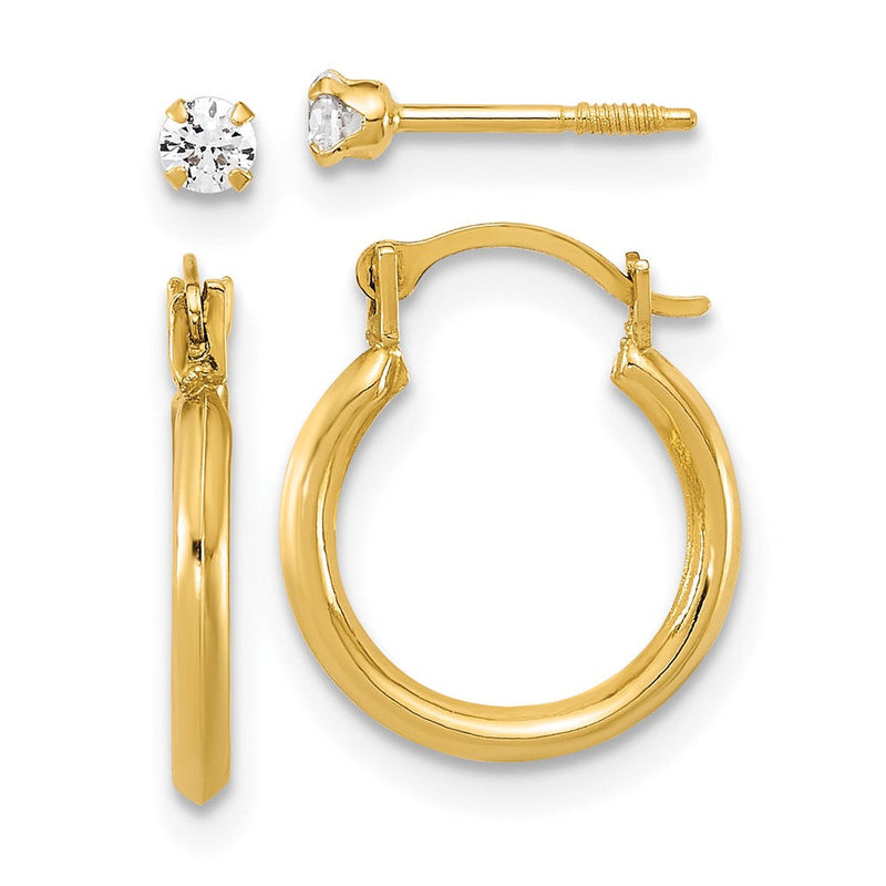 14K Gelbgold 1.50mm Creole und 2.5mm Weiß Zirkonia Schraubverschluss Stecker Set Of 2 Ohrringe