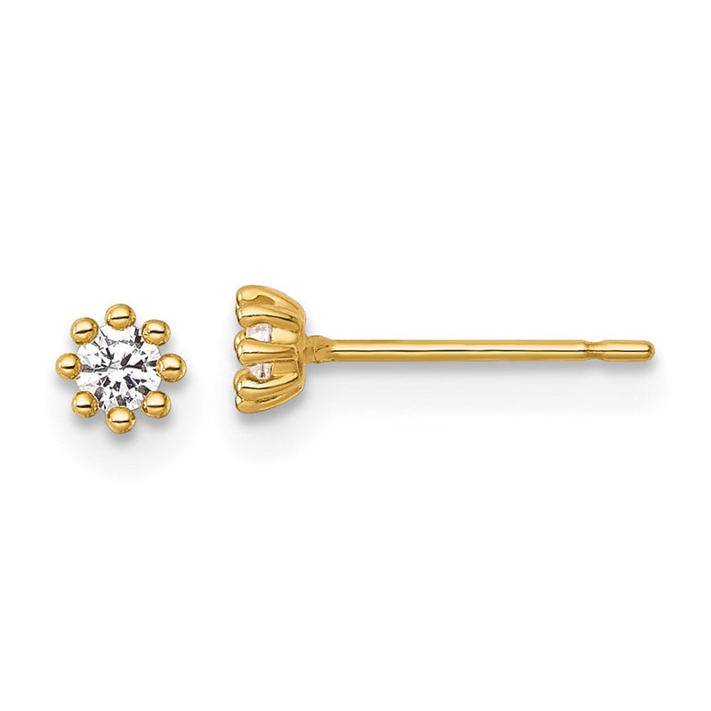 14K Gelbgold Poliert und Gekugelt Rund Zirkonia Ohrstecker
