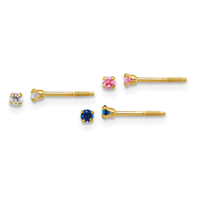 14K Gelbgold Poliert 2mm Weiß Rosa und Blau Zirkonia Schraubverschluss Set Of 3 Ohrringe