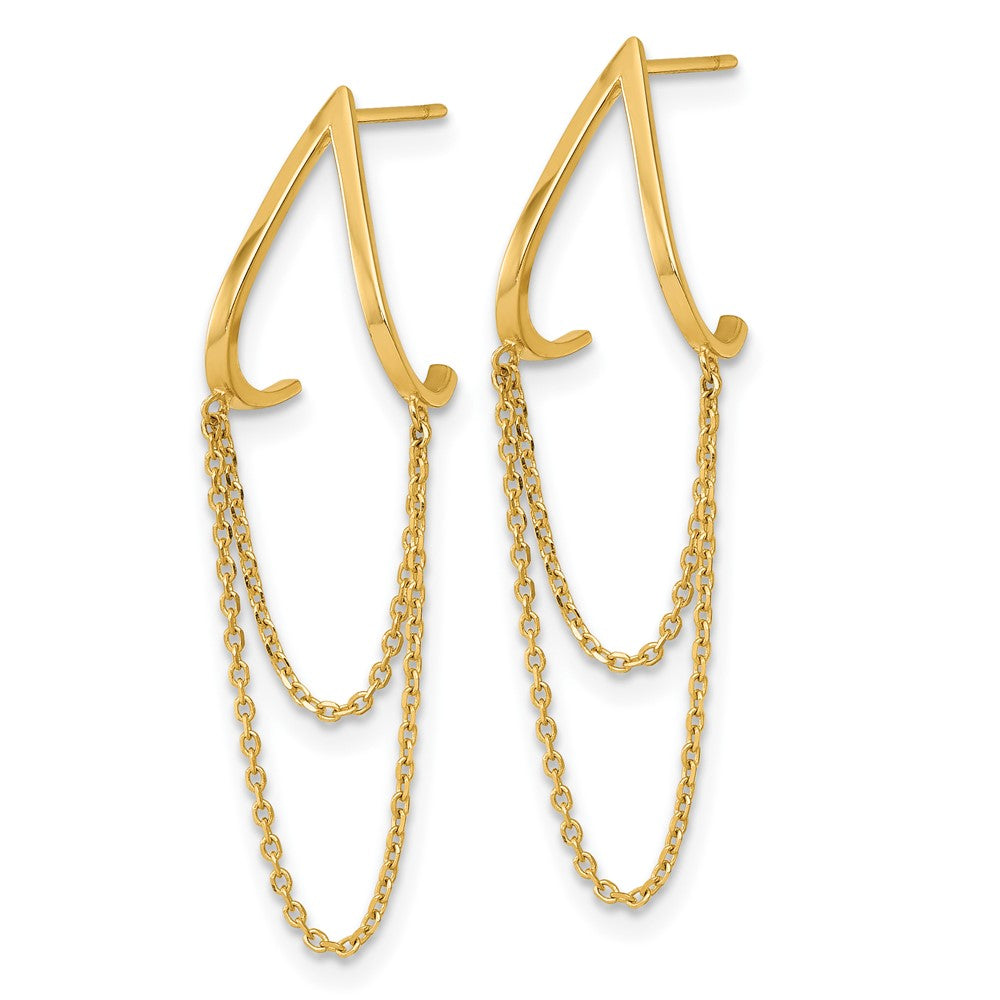 14K Gelbgold Poliert V Design mit Hängend Kette Ohrstecker