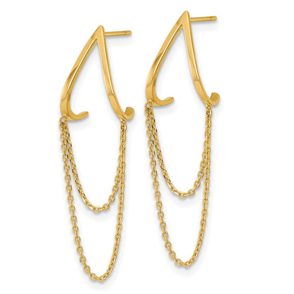 14K Gelbgold Poliert V Design mit Hängend Kette Ohrstecker