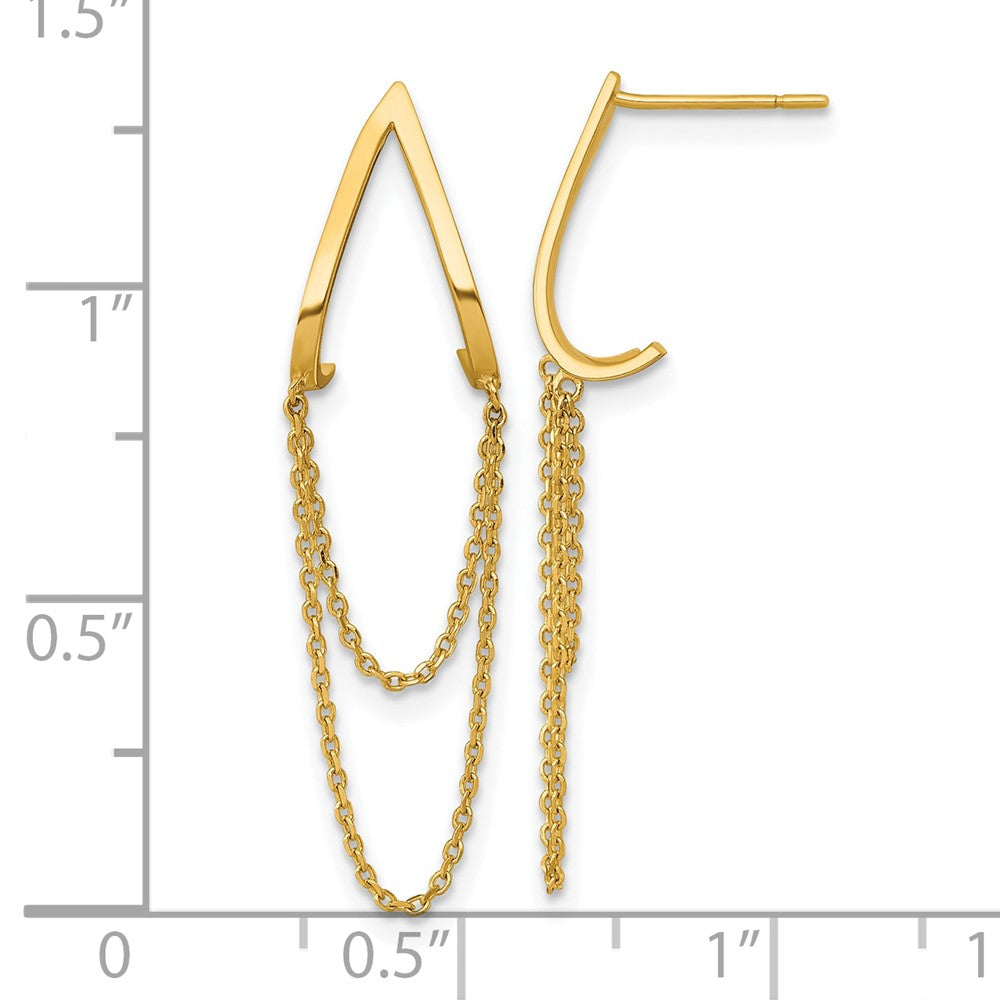 14K Gelbgold Poliert V Design mit Hängend Kette Ohrstecker