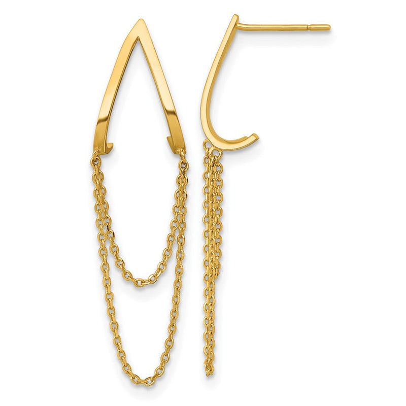 14K Gelbgold Poliert V Design mit Hängend Kette Ohrstecker