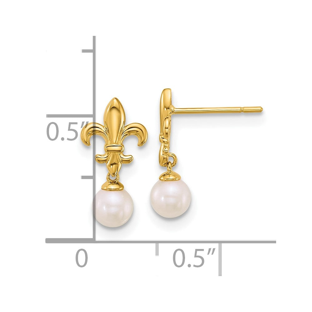 14K Gelbgold Poliert Fleur De Lis 4mm Fwc Perle Stecker Ohrhänger