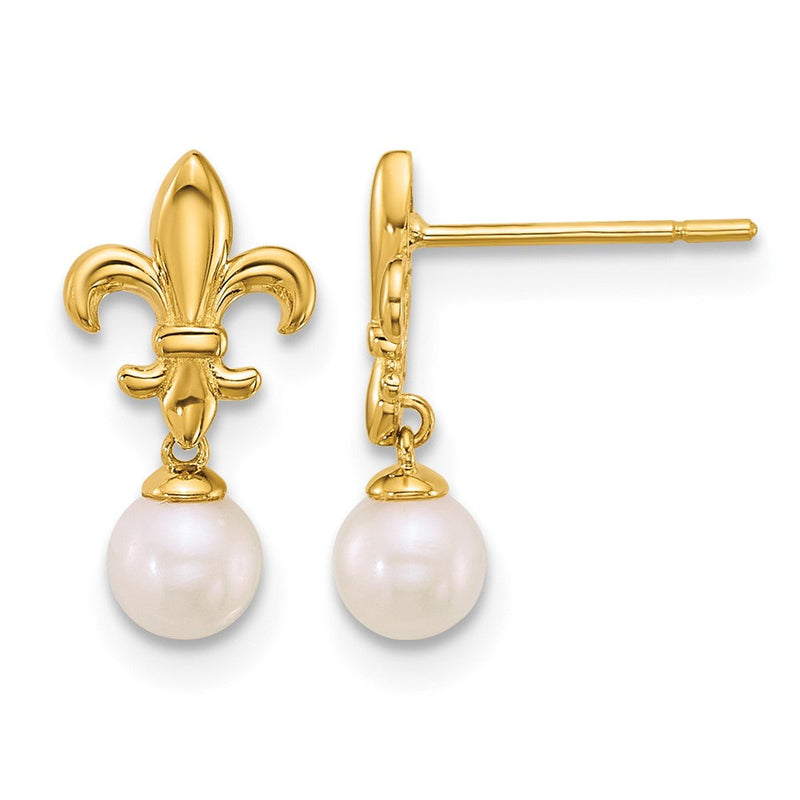 14K Gelbgold Poliert Fleur De Lis 4mm Fwc Perle Stecker Ohrhänger