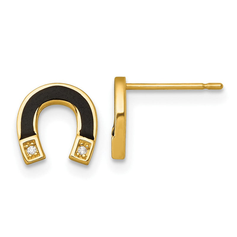 14K Gelbgold Poliert Schwarz Emaille und Zirkonia Hufeisen Ohrstecker