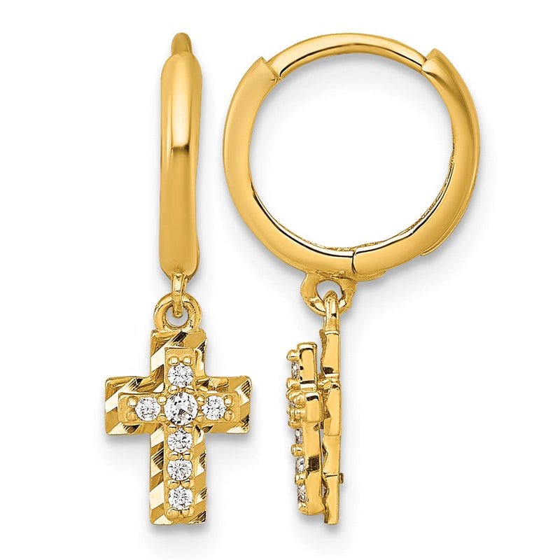14K Gelbgold Poliert Diamantiert & Zirkonia Hängend Kreuz Klappbar Rund Creolen