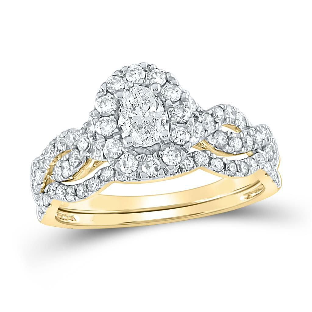Zertifiziert 1.0 Ct. Oval Diamant Unendlichkeit Heiligenschein Style Bridal Verlobungsring Set in 14K Gelbgold