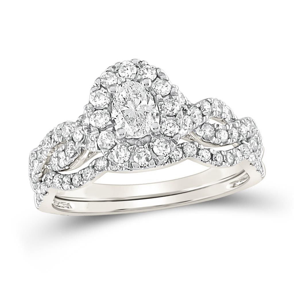Zertifiziert 1.0 Ct. Oval Diamant Unendlichkeit Heiligenschein Style Bridal Verlobungsring Set in 14K Weißgold