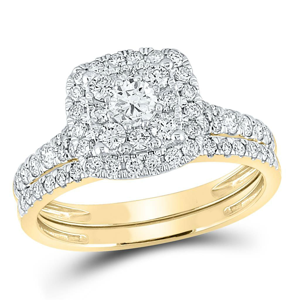 Zertifiziert 1.0 Ct. Diamant Doppelt Heiligenschein Bridal Verlobungsring Set in 14K Gelbgold