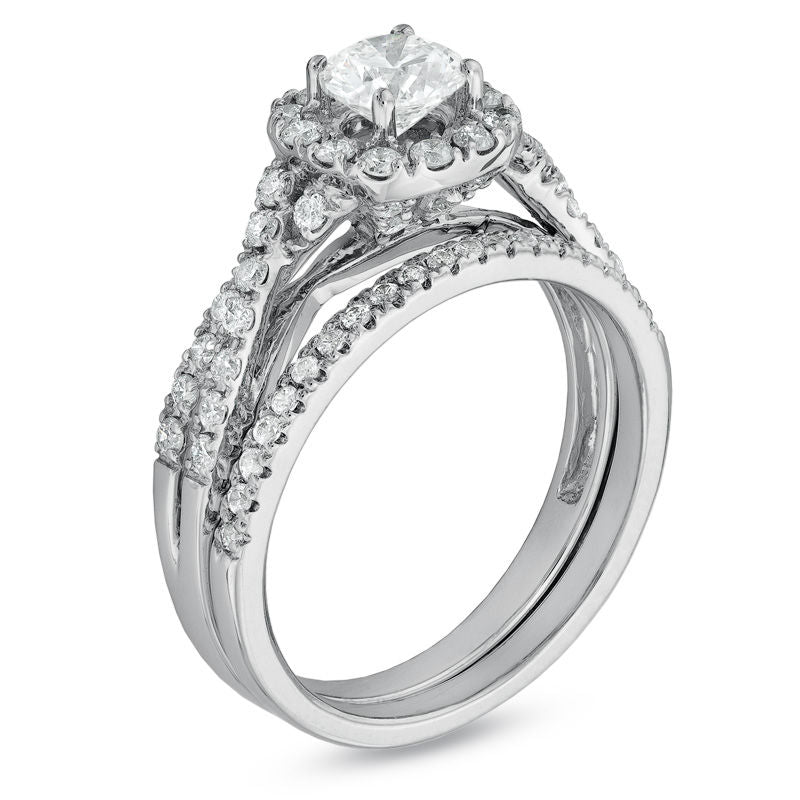1,1 ct. Diamant Halo Verlobungsring-Set mit Twist-Design in 14K Weißgold