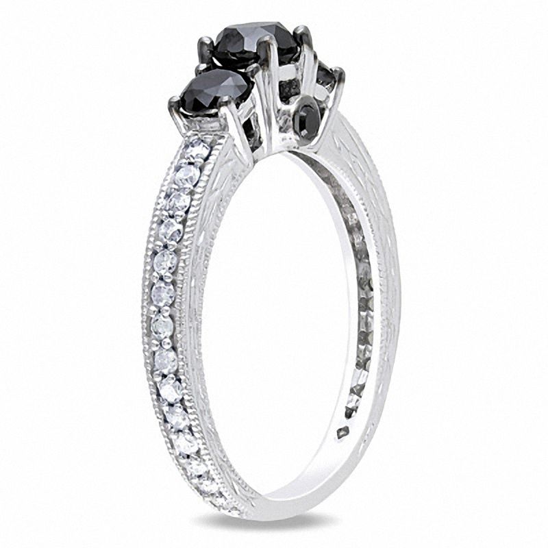 Dreistein-Verlobungsring mit behandelten schwarzen und weißen Diamanten, 1,25 ct. Gesamtgewicht, aus 14K Weißgold