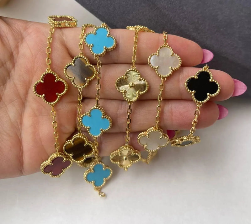 Klee Blumen Alhambra Style Armband in Massiv 10K/14K/18K Gelbgold Malachite/pearl/black Onyx/carnelian Edelstein