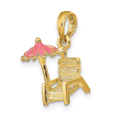 14K Gelbgold 3-D Charm "Strandstuhl mit Sonnenschirm" mit rosa Emaille