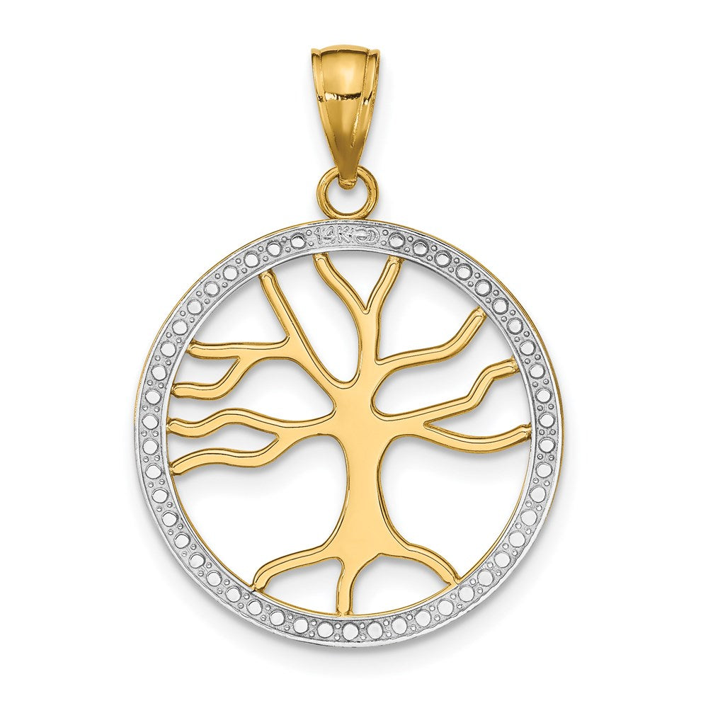 14K Gelb- und Rhodiumgold mit Rhodium Großer Lebensbaum-Rundrahmen-Charm