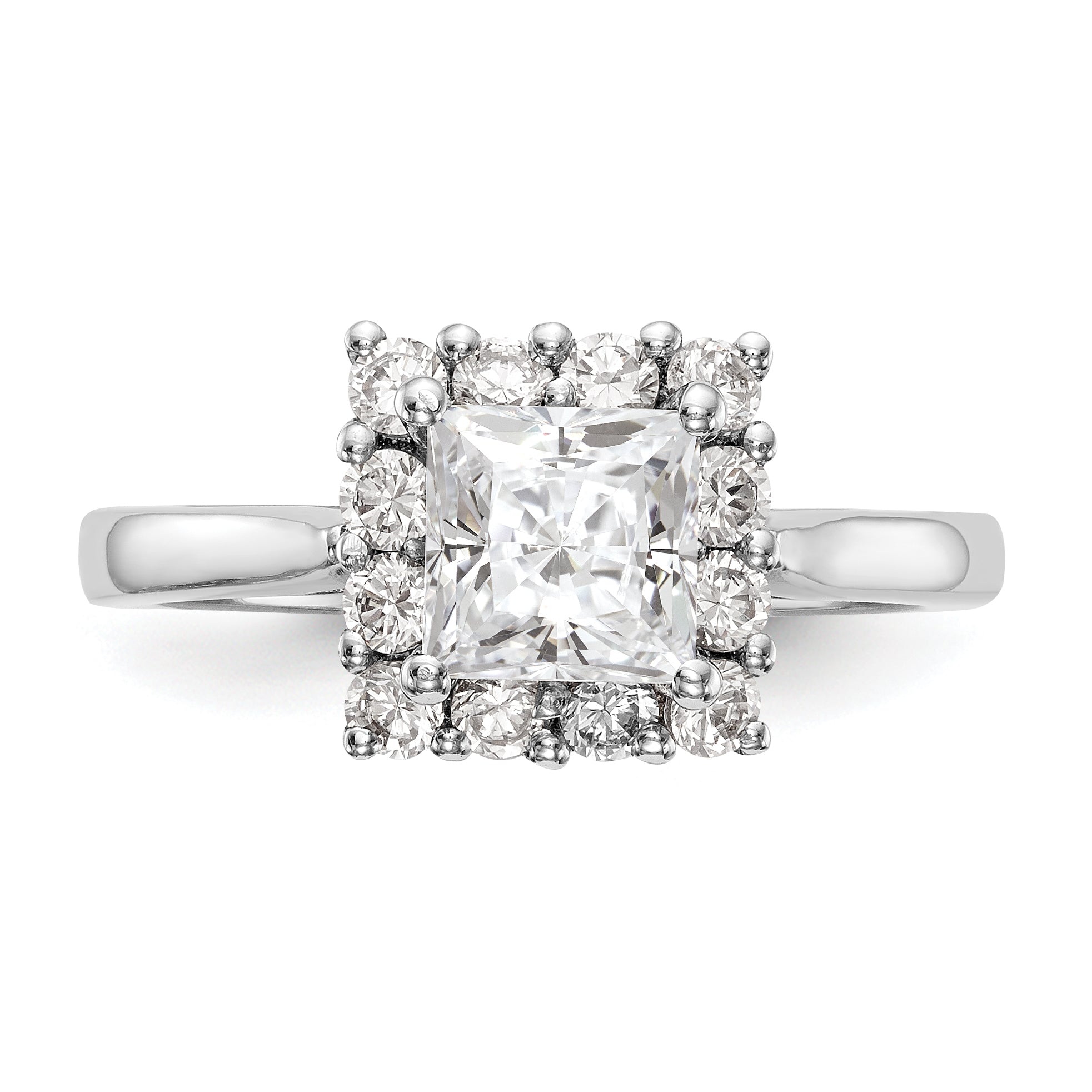 14 Karat Weißgold Verlobungsring mit Princess-Schliff und Halo aus simulierten Diamanten