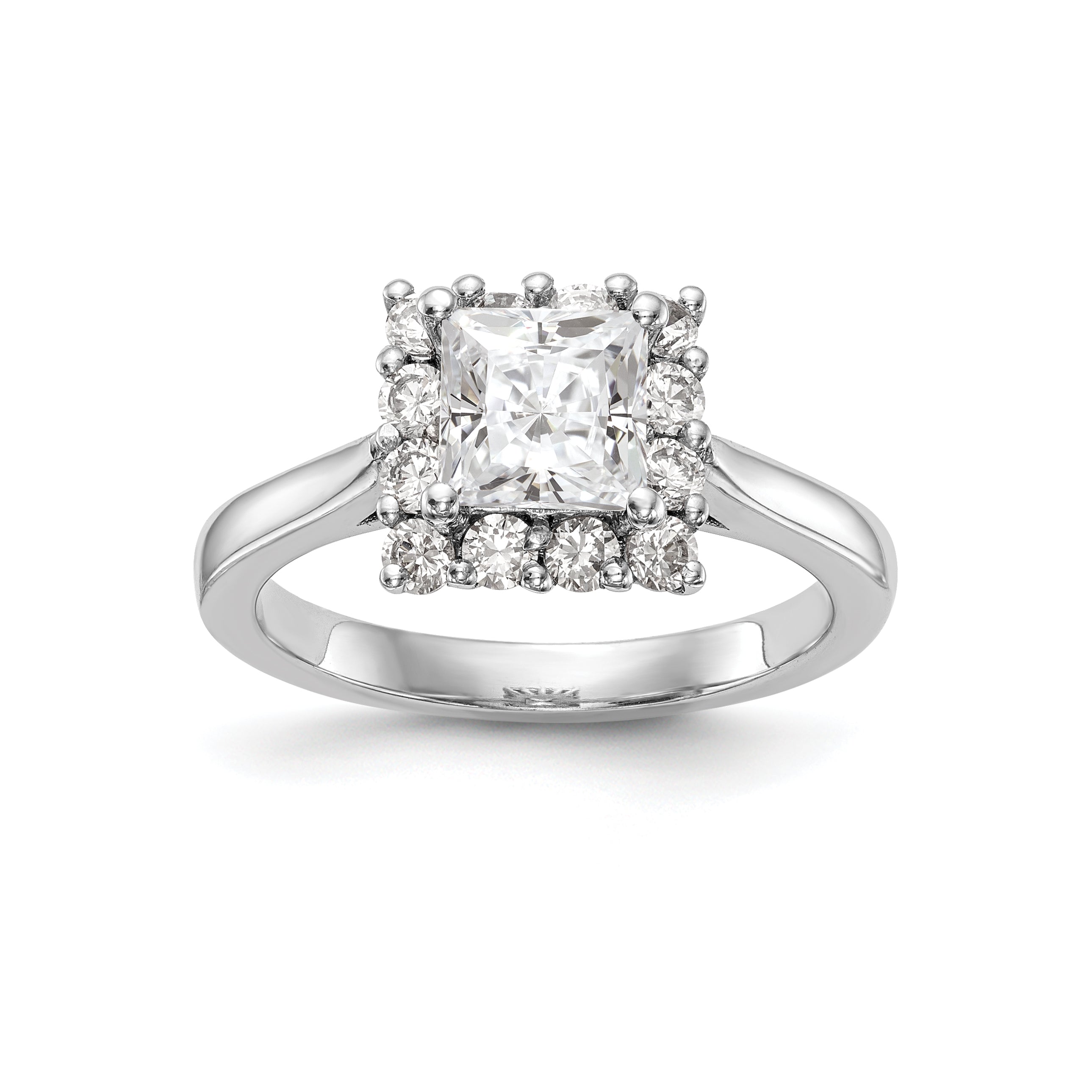 14 Karat Weißgold Verlobungsring mit Princess-Schliff und Halo aus simulierten Diamanten