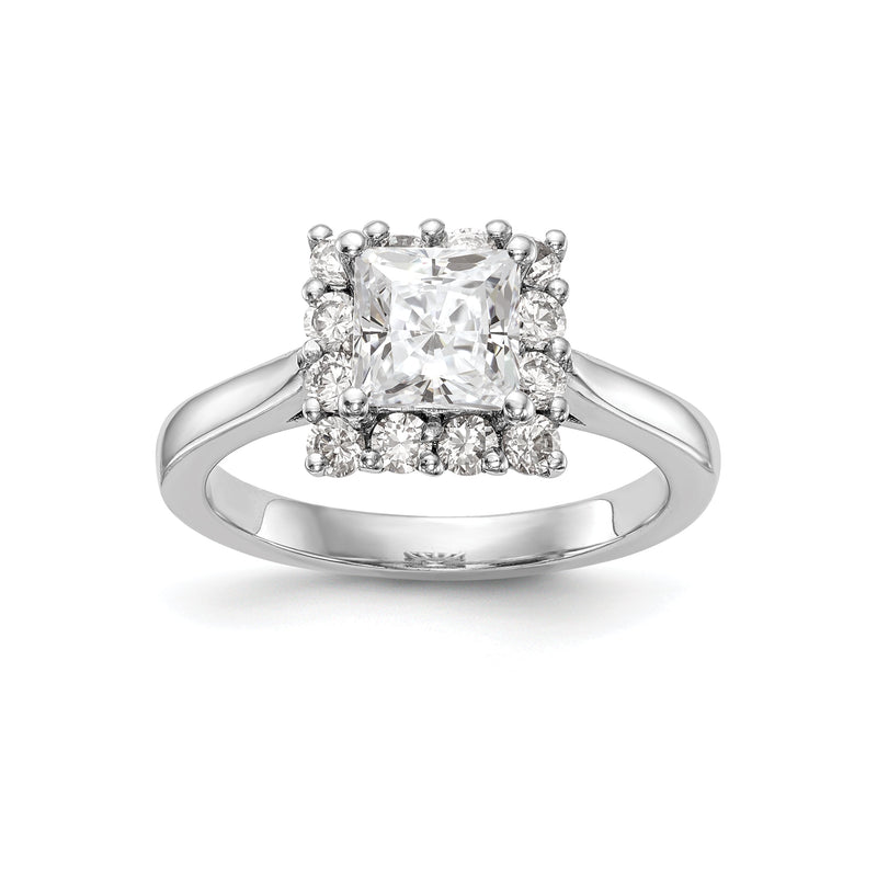14 Karat Weißgold Verlobungsring mit Princess-Schliff und Halo aus simulierten Diamanten