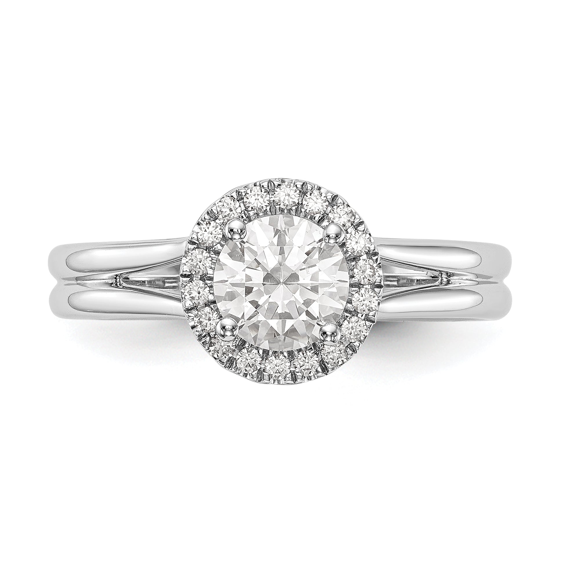 14K Weißgold Rund Heiligenschein Synthetisch Diamant Split Shank Verlobungsring