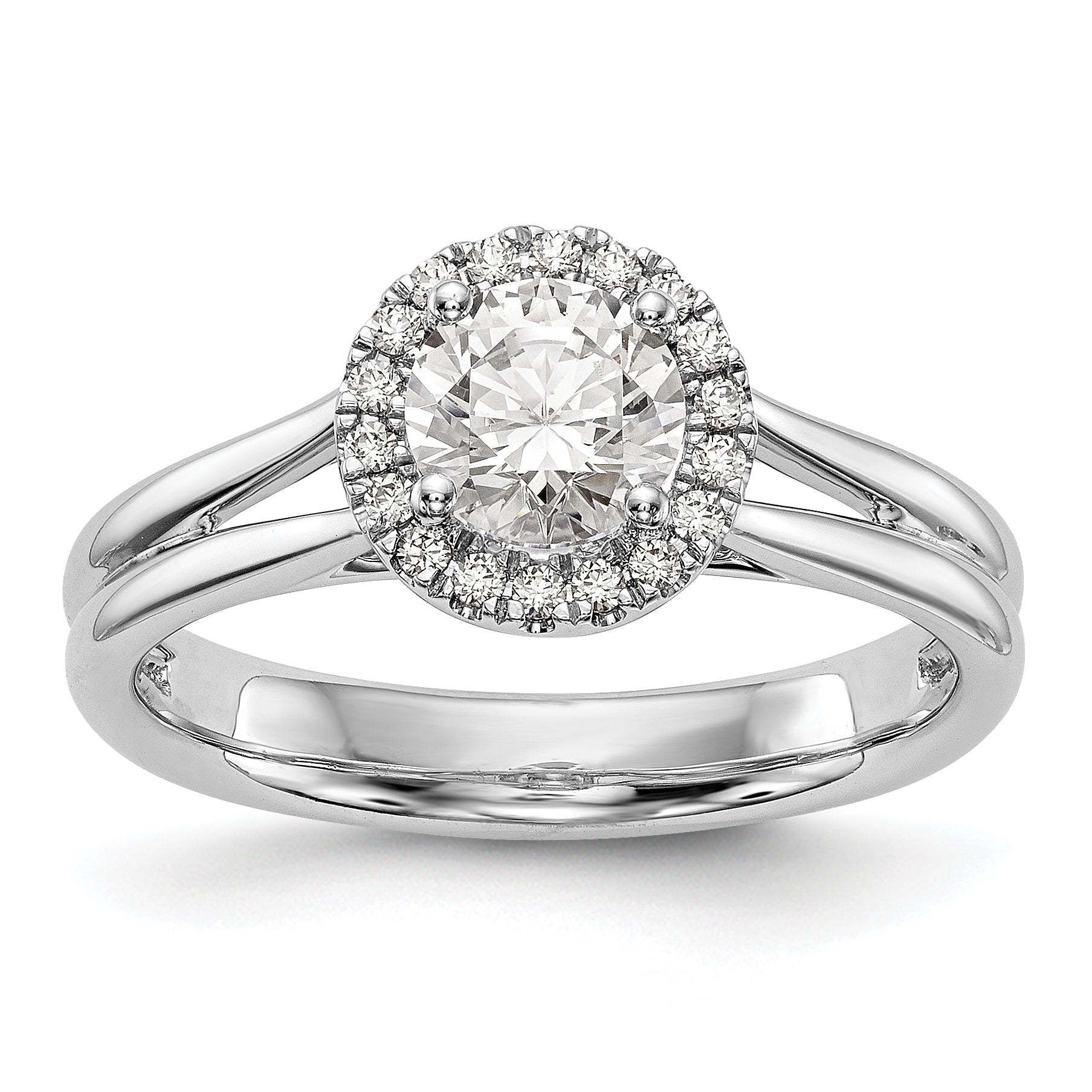 14K Weißgold Rund Heiligenschein Synthetisch Diamant Split Shank Verlobungsring