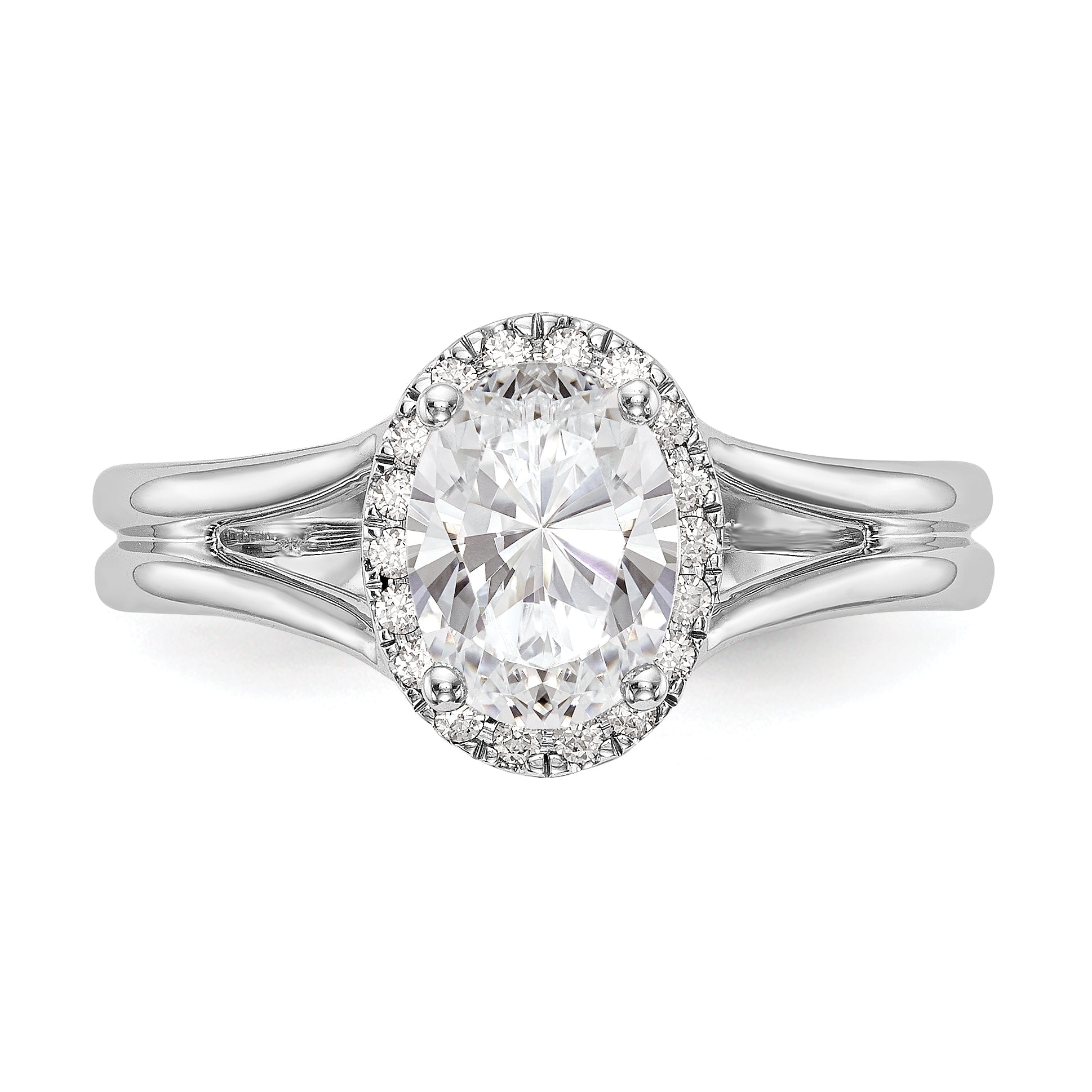 14K Weißgold Oval Heiligenschein Synthetisch Diamant Split Shank Verlobungsring