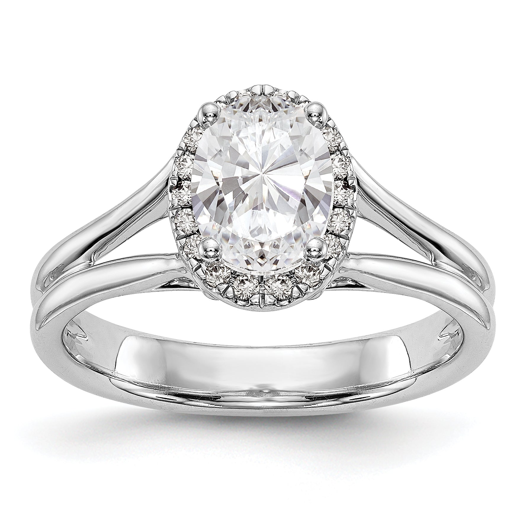 14K Weißgold Oval Heiligenschein Synthetisch Diamant Split Shank Verlobungsring