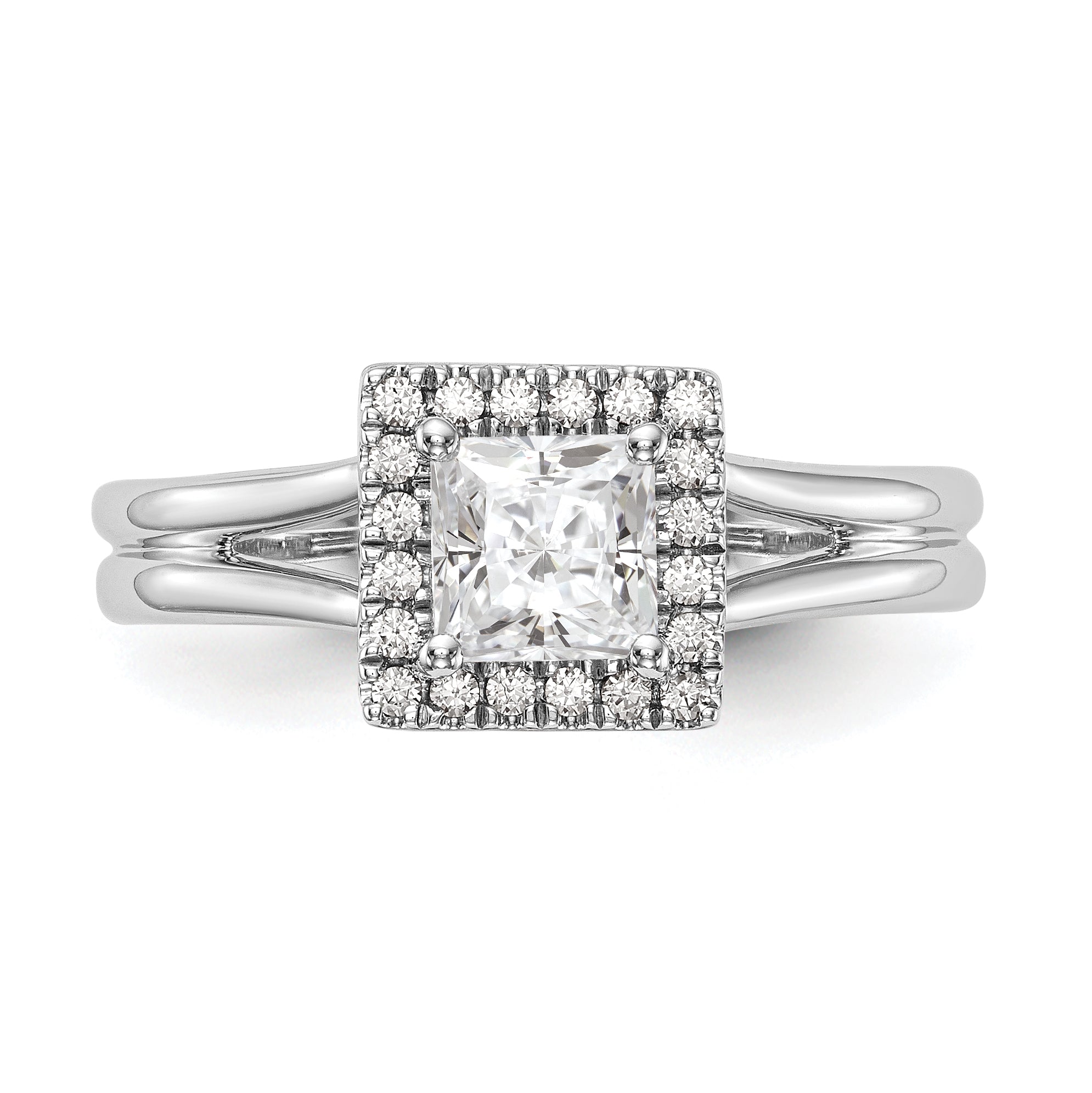 14K Weißgold Verlobungsring, Princess Halo mit simuliertem Diamant und geteiltem Ring